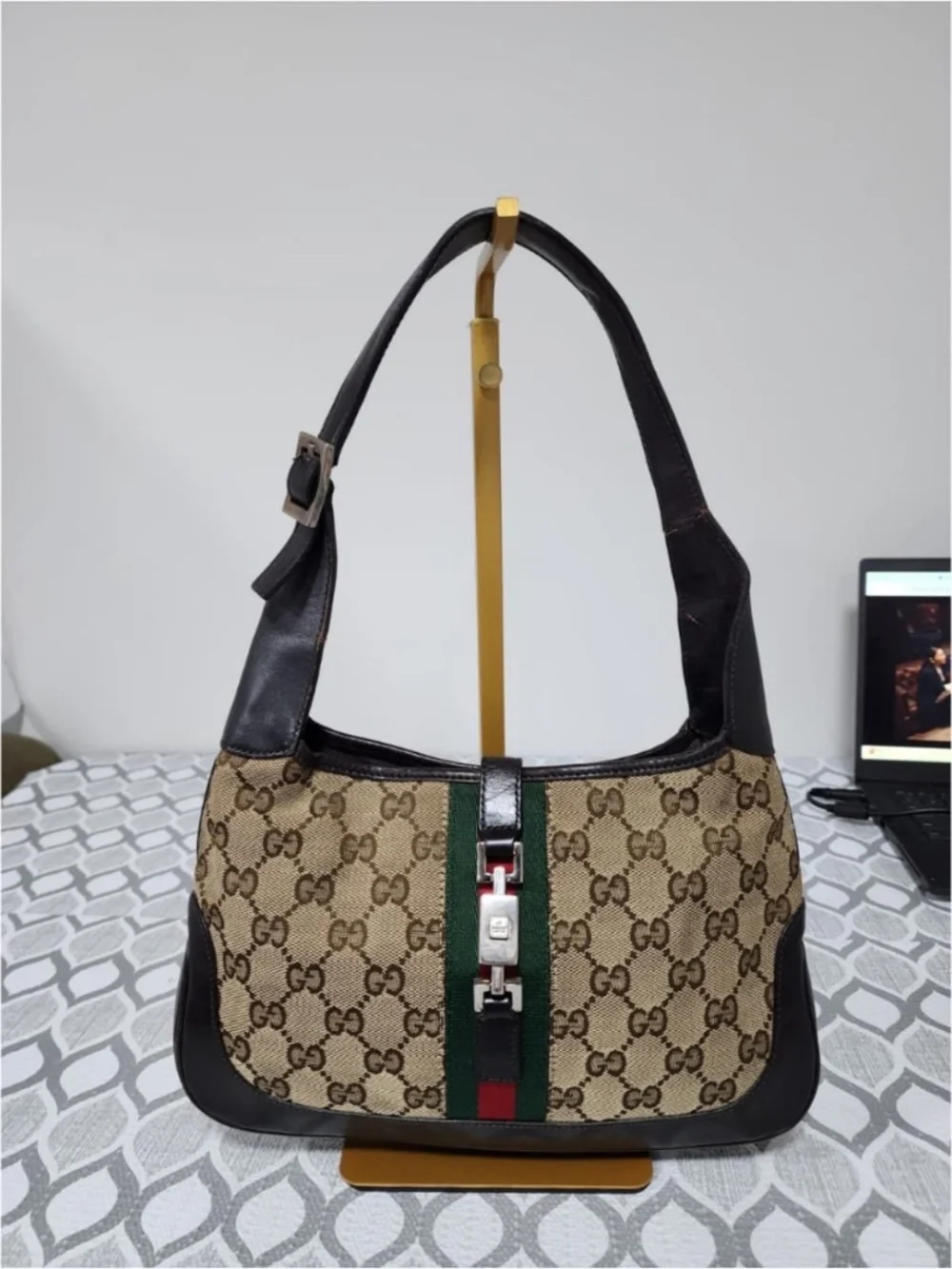 Authentic GUCCI GG Canvas Web Jackie O Bouvier Hobo Bag Brown/Beige